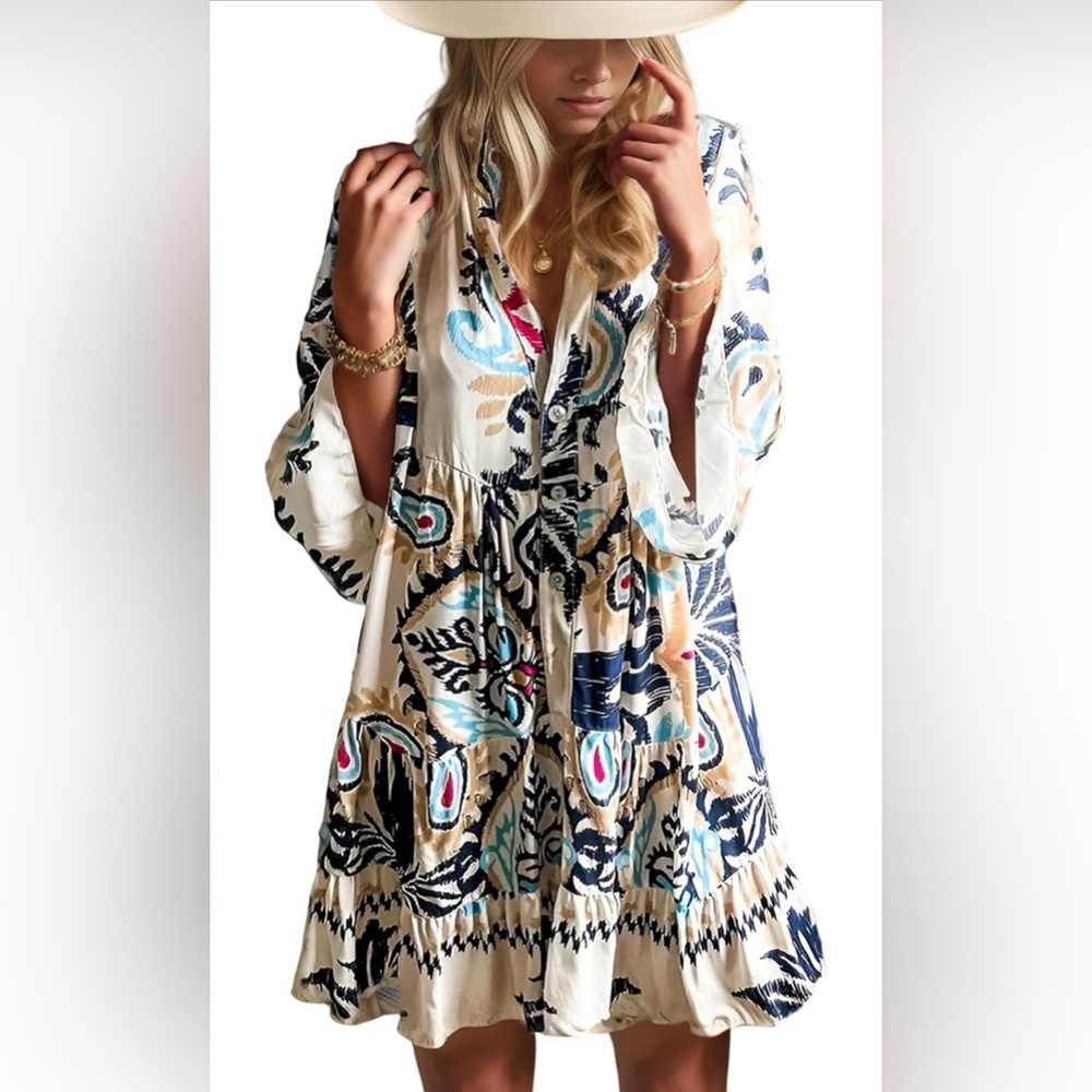 Chic Printed Mini Dress in Blue and Cream